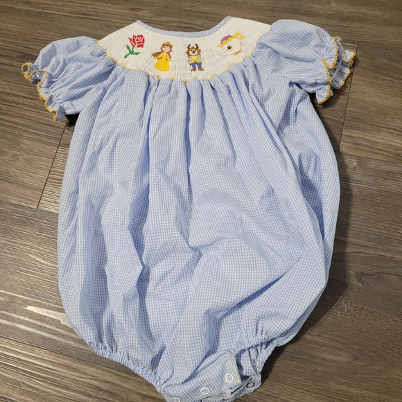 Whimsy Blue Gingham Baby Bubble Romper 18M with Embroidered Princess Collar - Picture 1 of 4